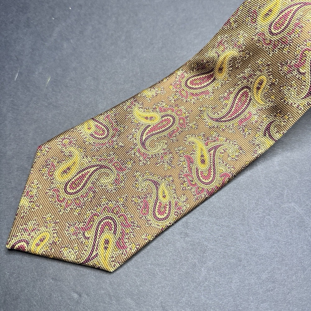 Brooks Brothers Makers Gold Burgundy Abstract Paisley Italian Silk Tie USA